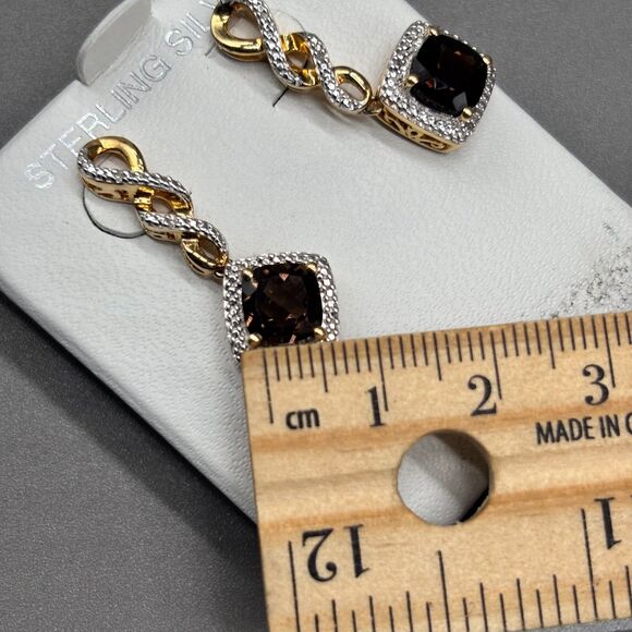 Sterling Silver 925 Smoky Quartz Dangle Earrings Gold Plated CZ Rhinestone Halo - Picture 5 of 11
